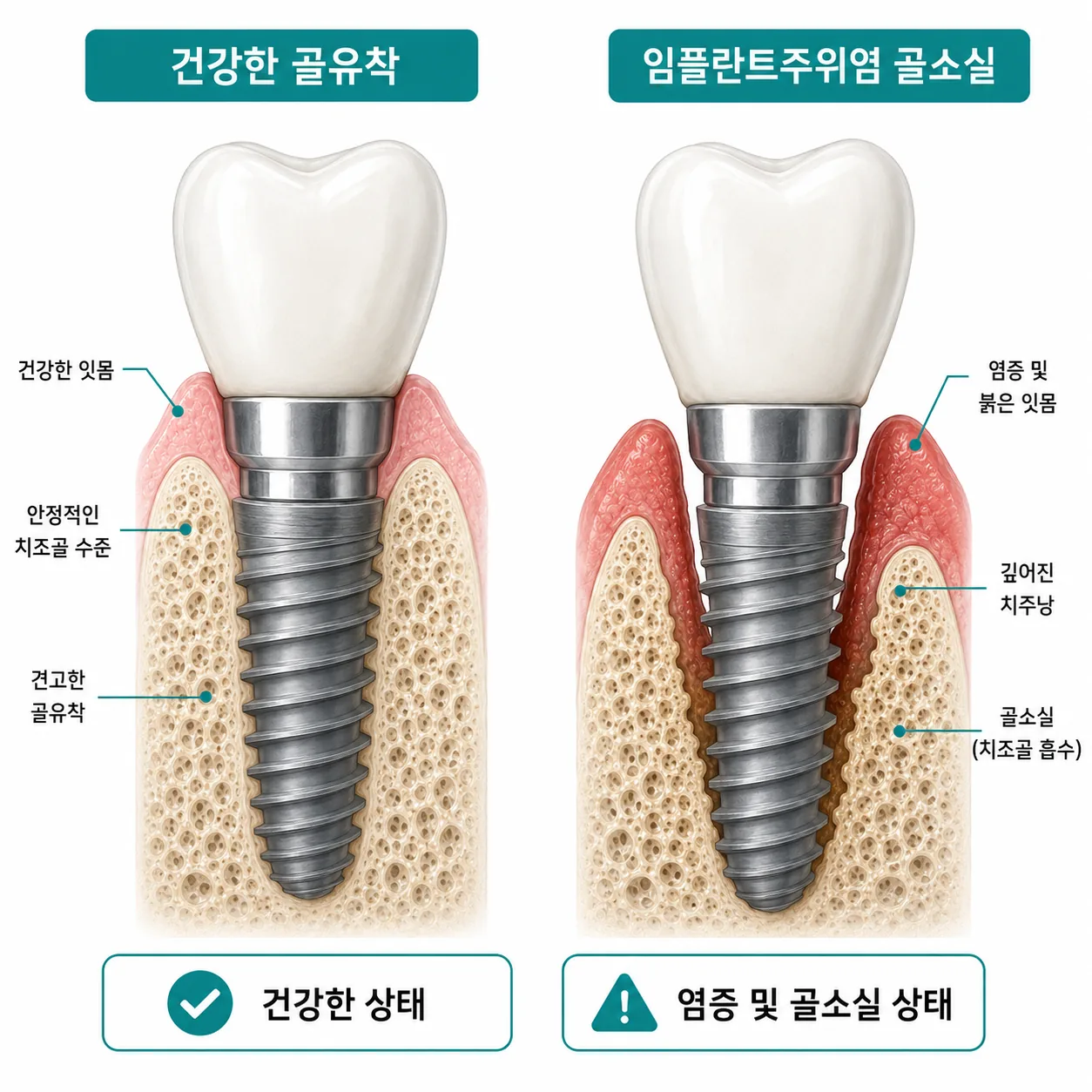 임플란트주위염 골소실과 정상 골유착 비교 모식도