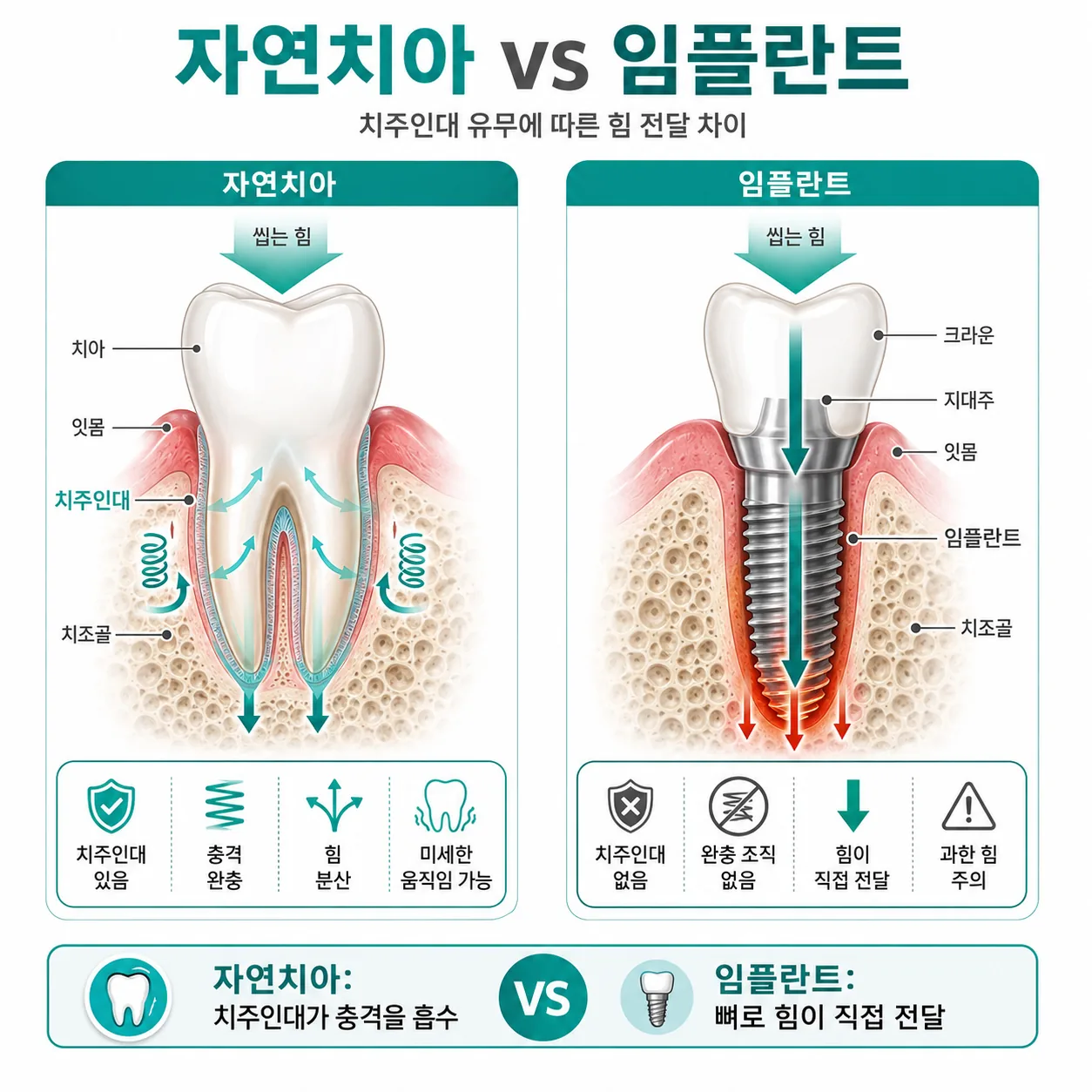 자연치아 치주인대와 임플란트 구조 비교 일러스트