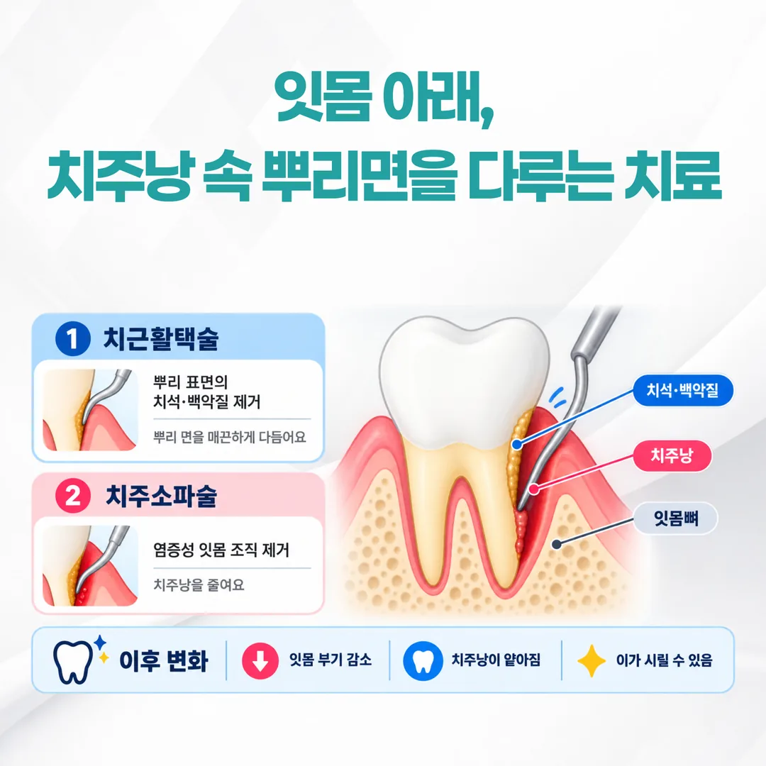 치주낭 속 치근면을 다루는 치근활택술 위치 단면 그림