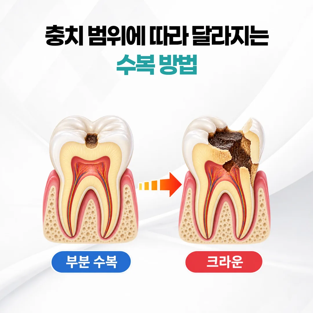 충치 범위에 따라 부분 수복과 크라운으로 갈리는 어금니 단면 비교