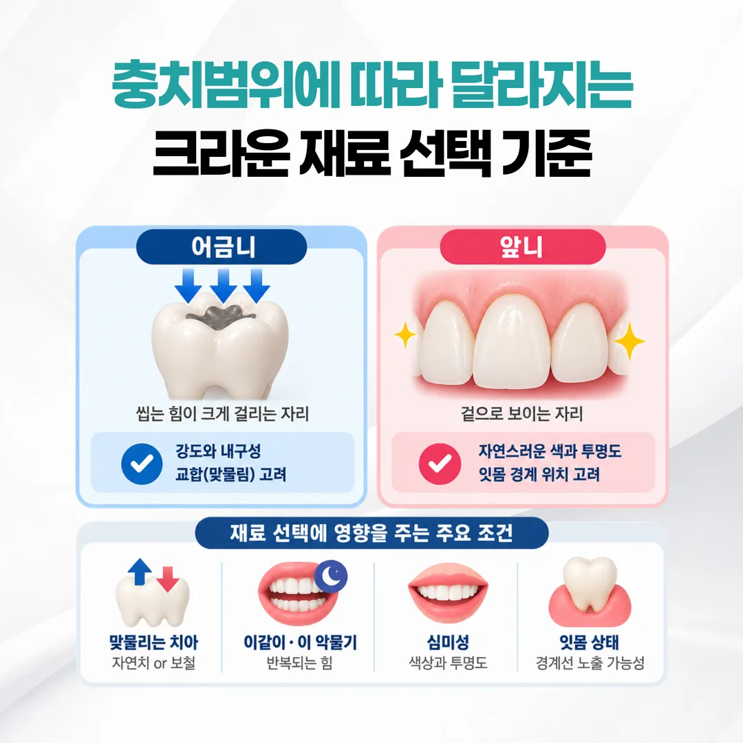 어금니와 앞니에서 크라운 재료 선택 기준이 갈리는 조건 비교 도식
