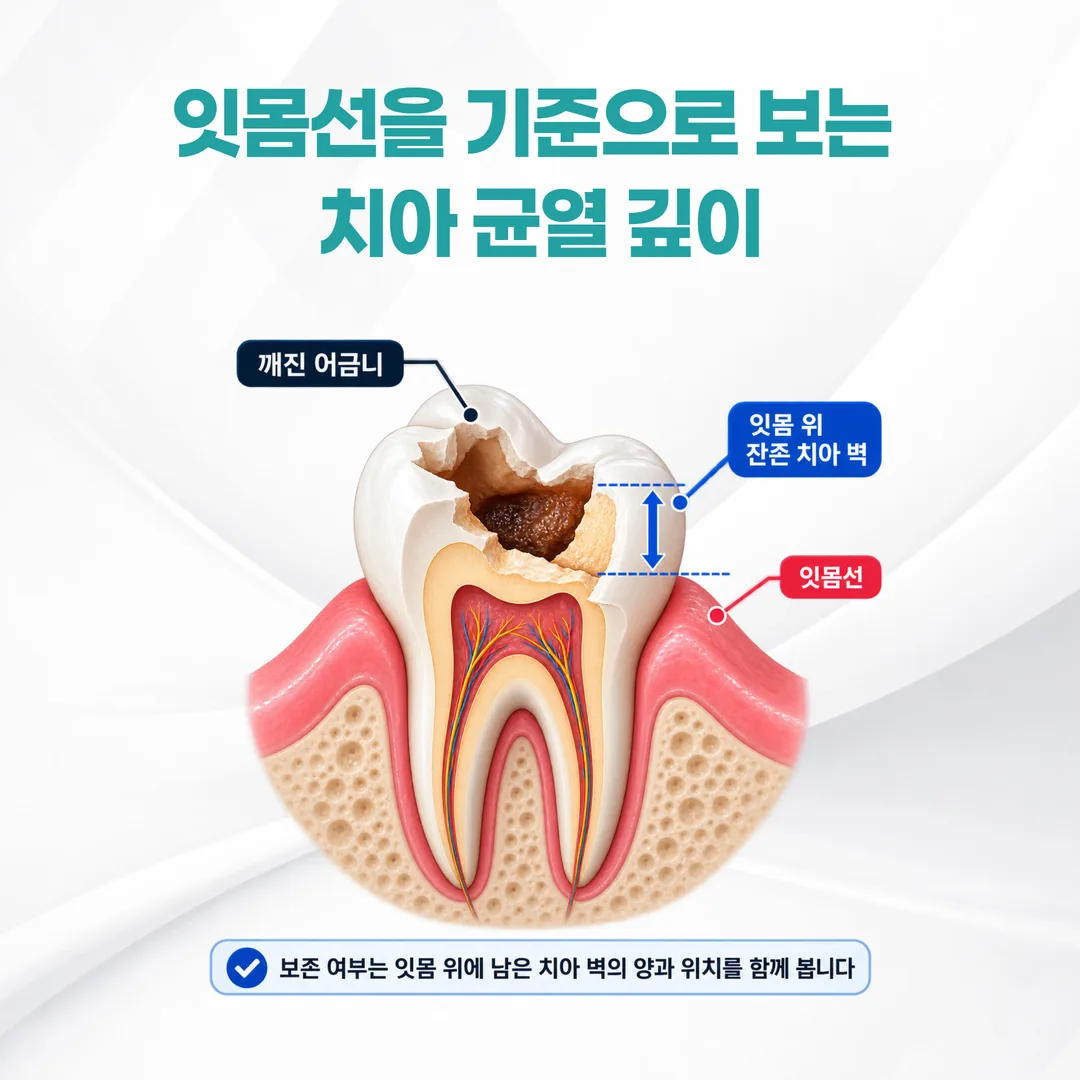 치아 보존 판단에서 확인하는 잇몸 위 잔존 치아 벽 도해