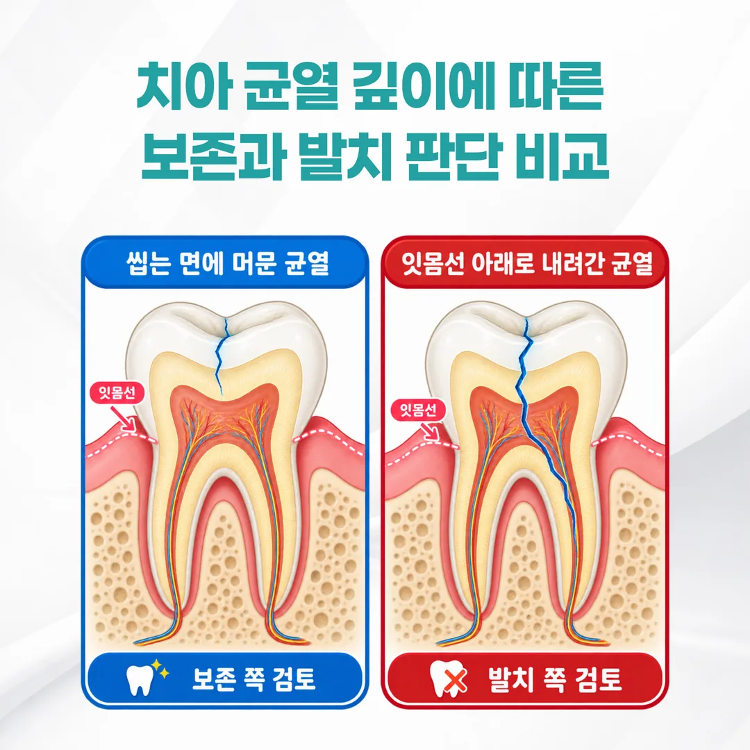 치아 균열 깊이에 따른 보존과 발치 판단 비교 도해