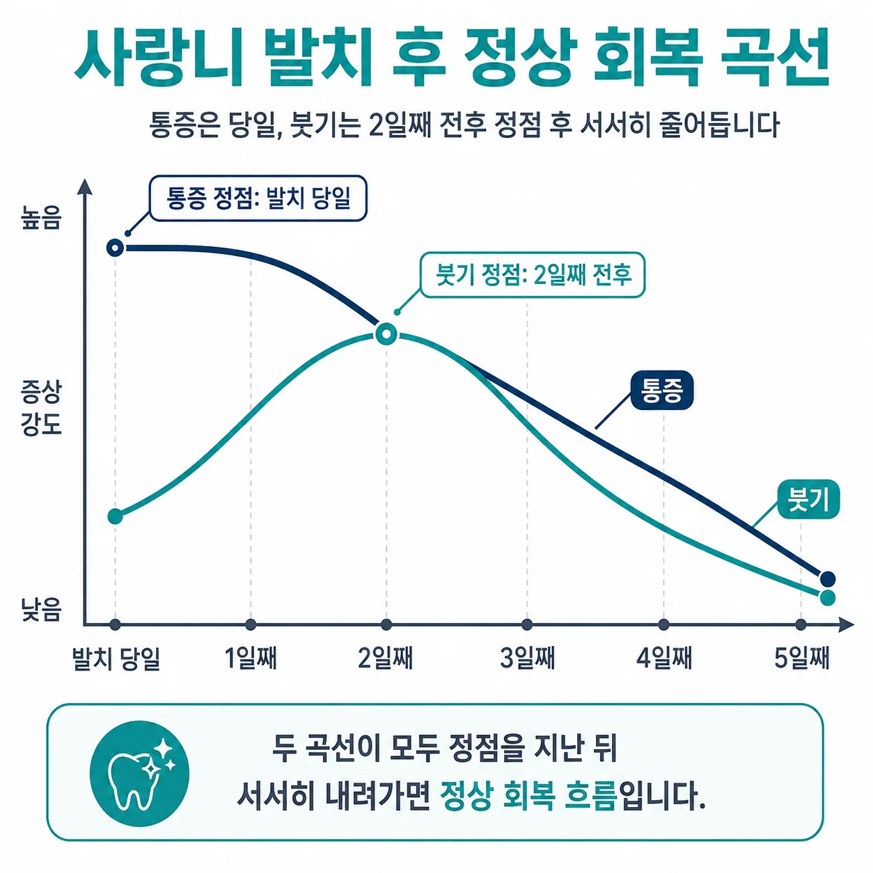 사랑니 발치 후 통증과 붓기의 정상 회복 곡선