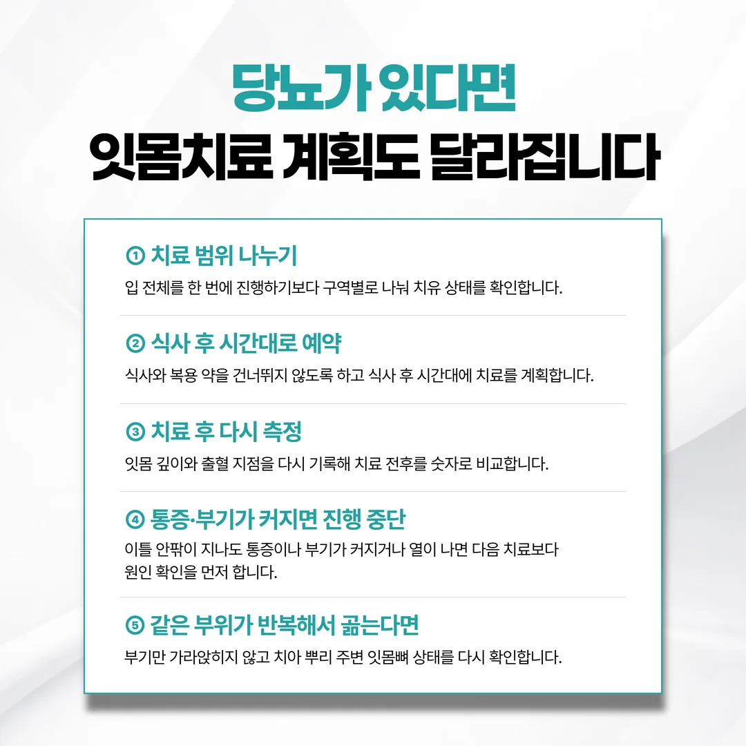 치주 검사에서 잇몸 안쪽 깊이를 기록하는 모습