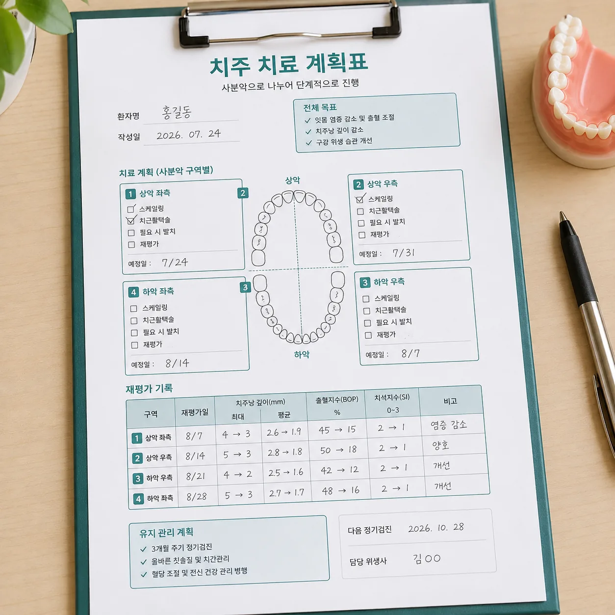사분악으로 나눈 치주 치료 계획표와 재평가 기록