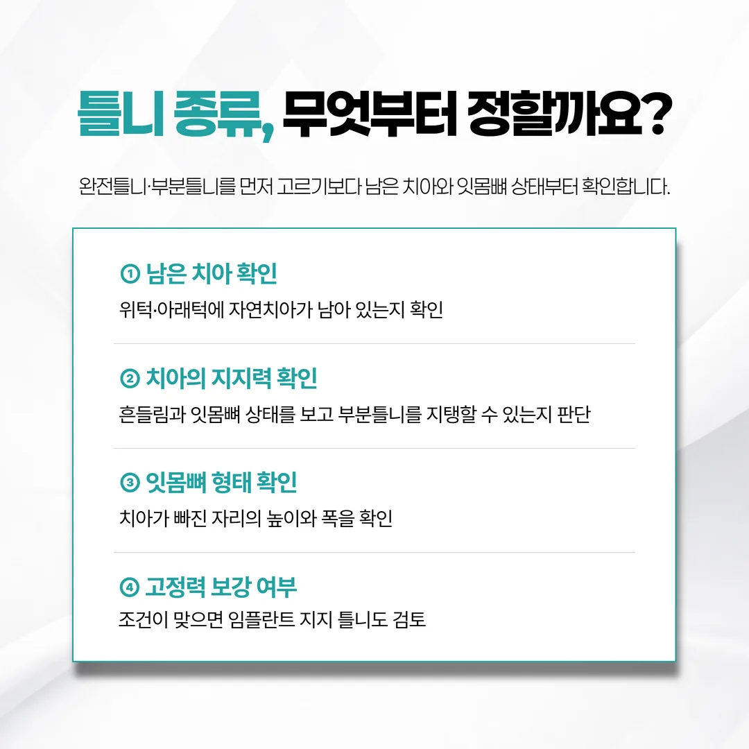 틀니 종류를 정하는 4단계 판단 순서 흐름도