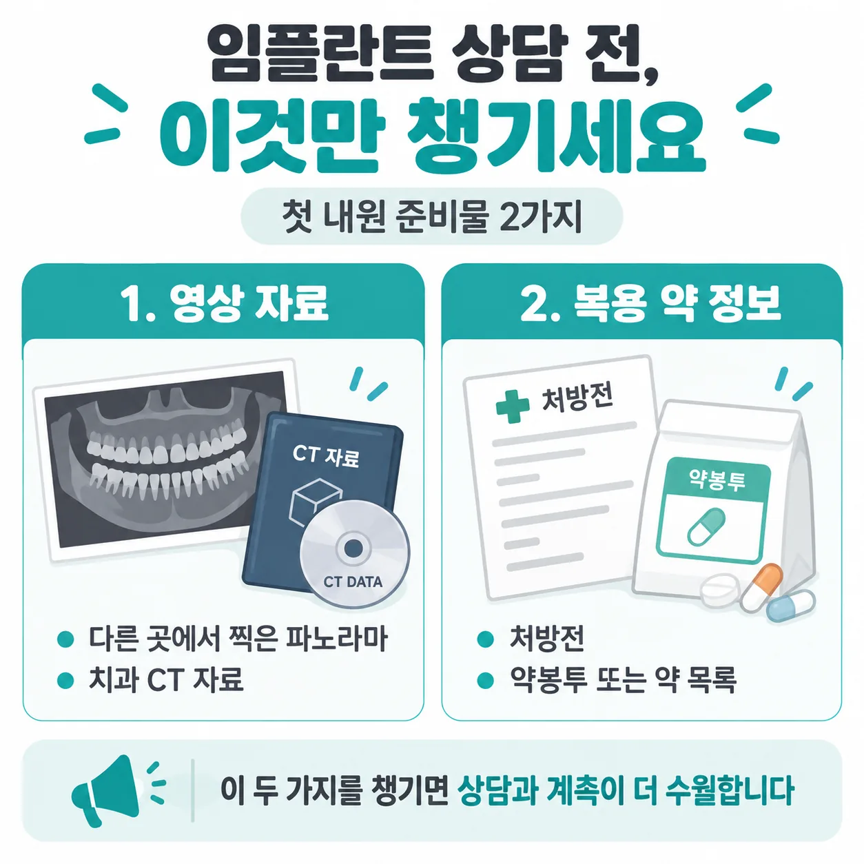 임플란트 상담 내원 전 준비물 두 가지 안내 그림