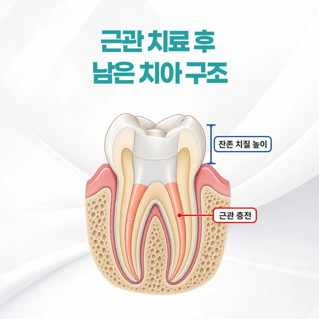 근관 치료를 마친 어금니의 내부 공간과 잇몸 위 잔존 치질 높이를 보여주는 단면 개념도