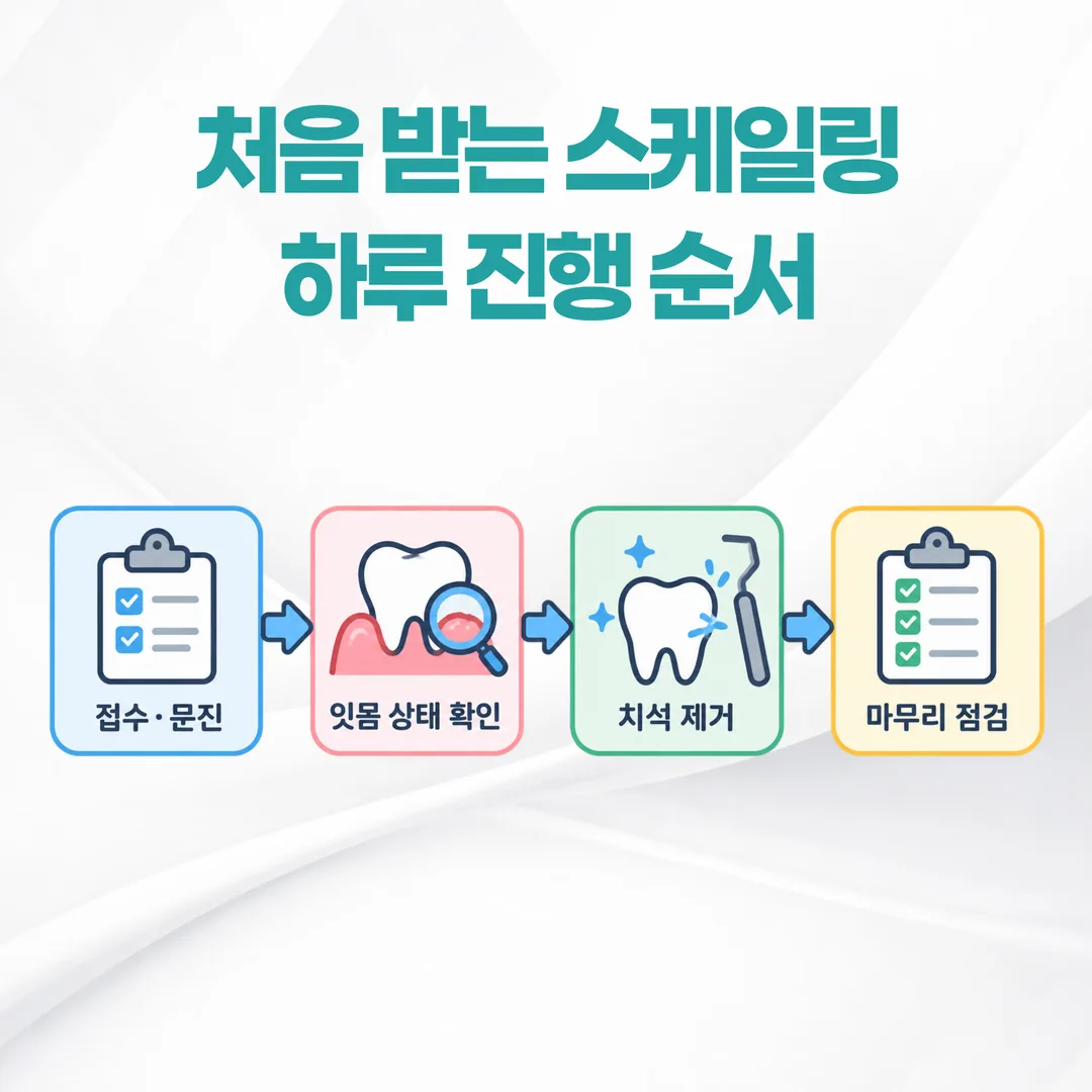 스케일링 첫 방문 순서를 접수·검사·제거·마무리 네 단계로 정리한 흐름도