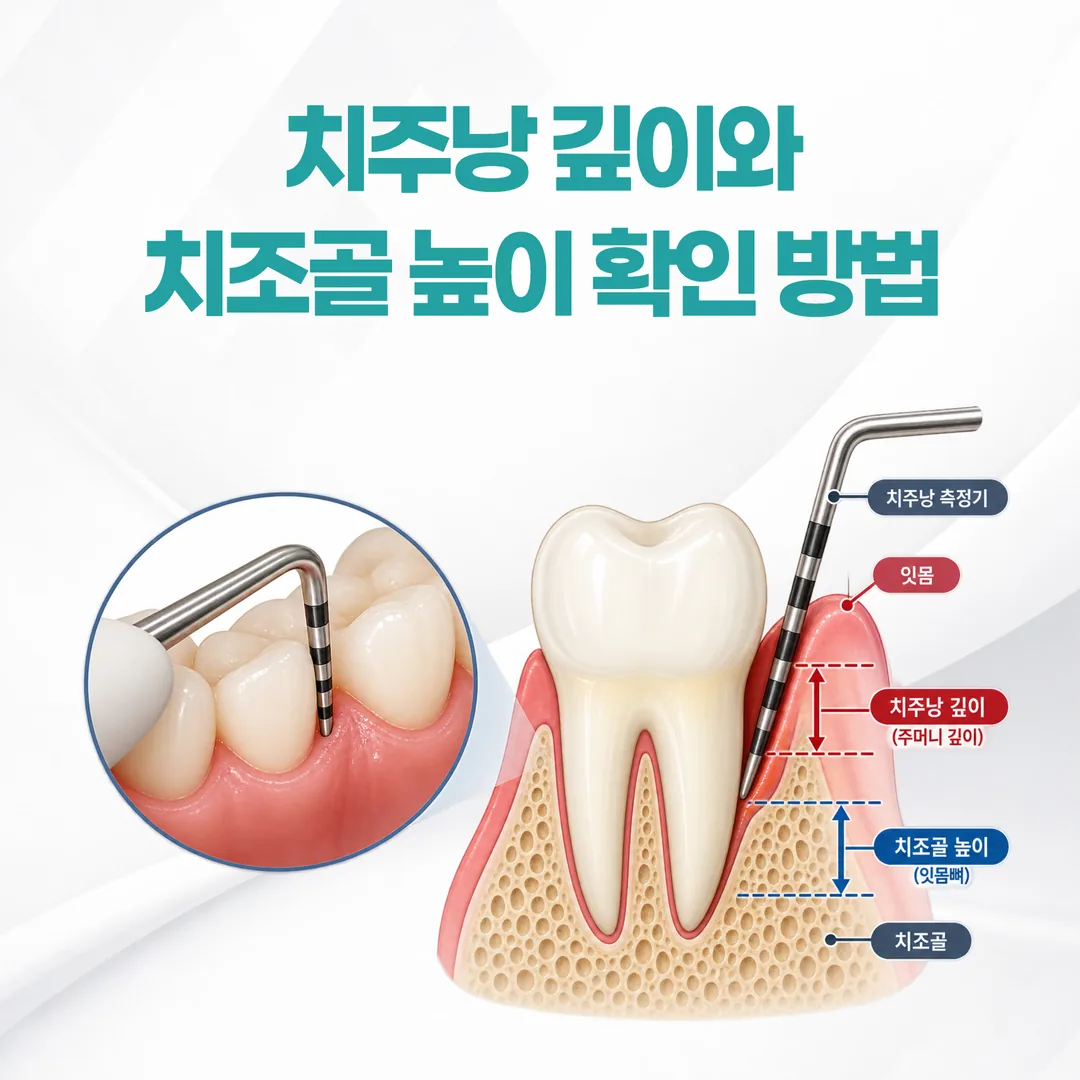 치주낭 깊이 측정과 치조골 높이를 나타낸 단면 개념도