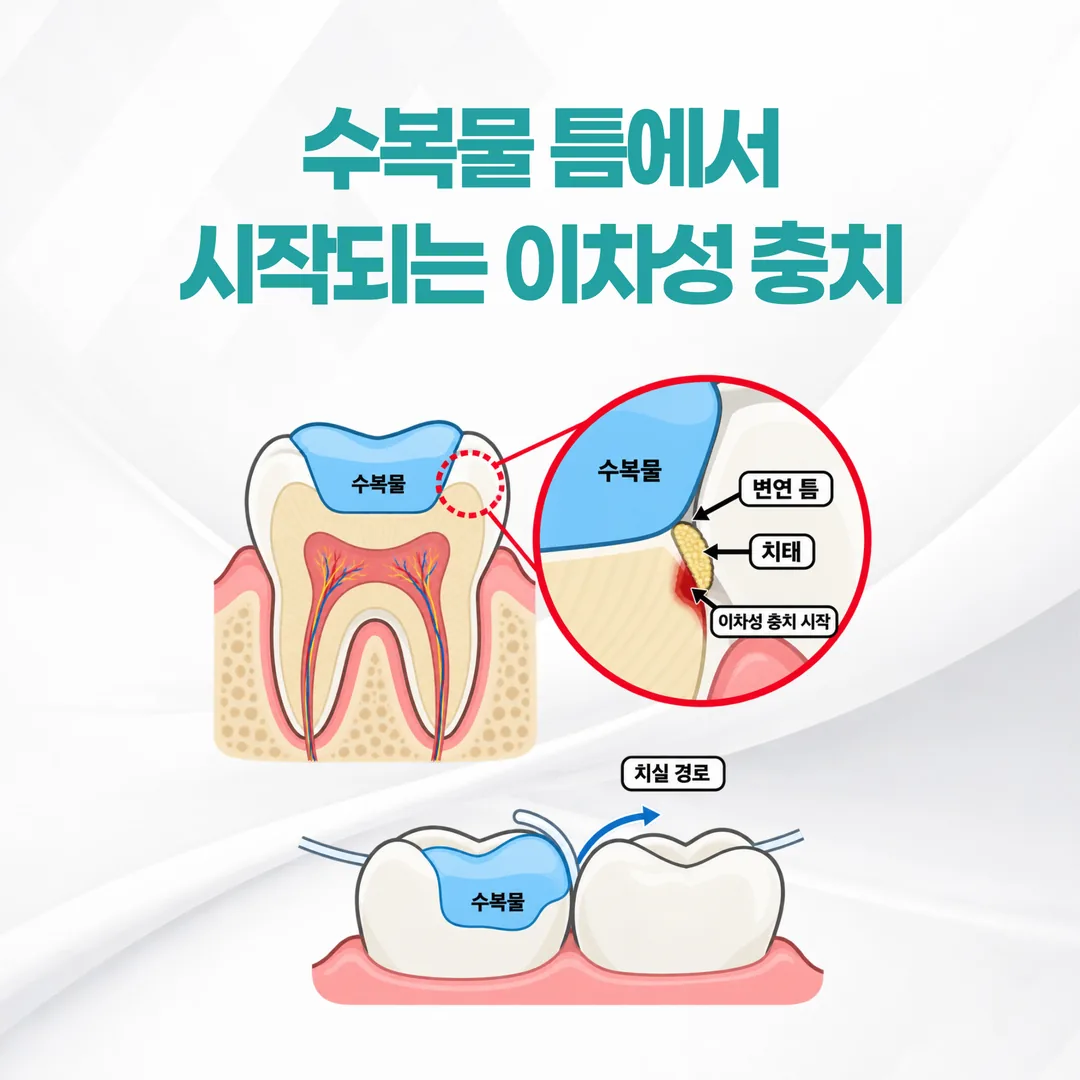 수복물 변연의 틈과 이차성 충치가 시작되는 자리를 표시한 개념도