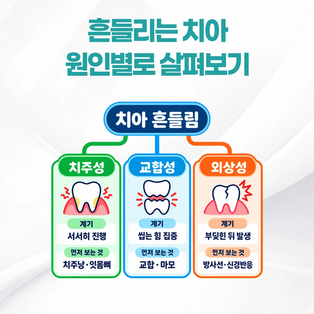 치주성 교합성 외상성 치아 흔들림 감별 개념도