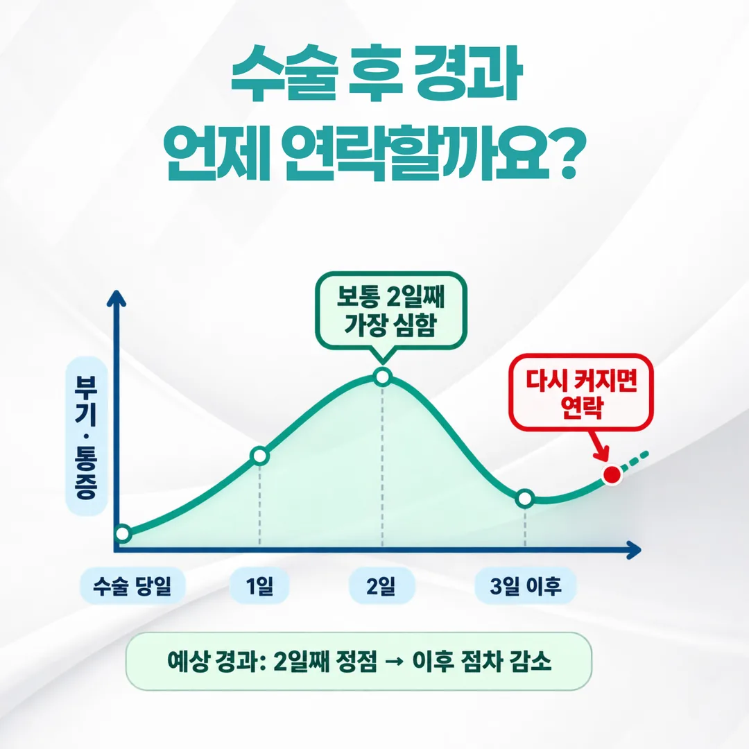 임플란트 수술 후 부기 경과와 연락이 필요한 시점을 표시한 그래프