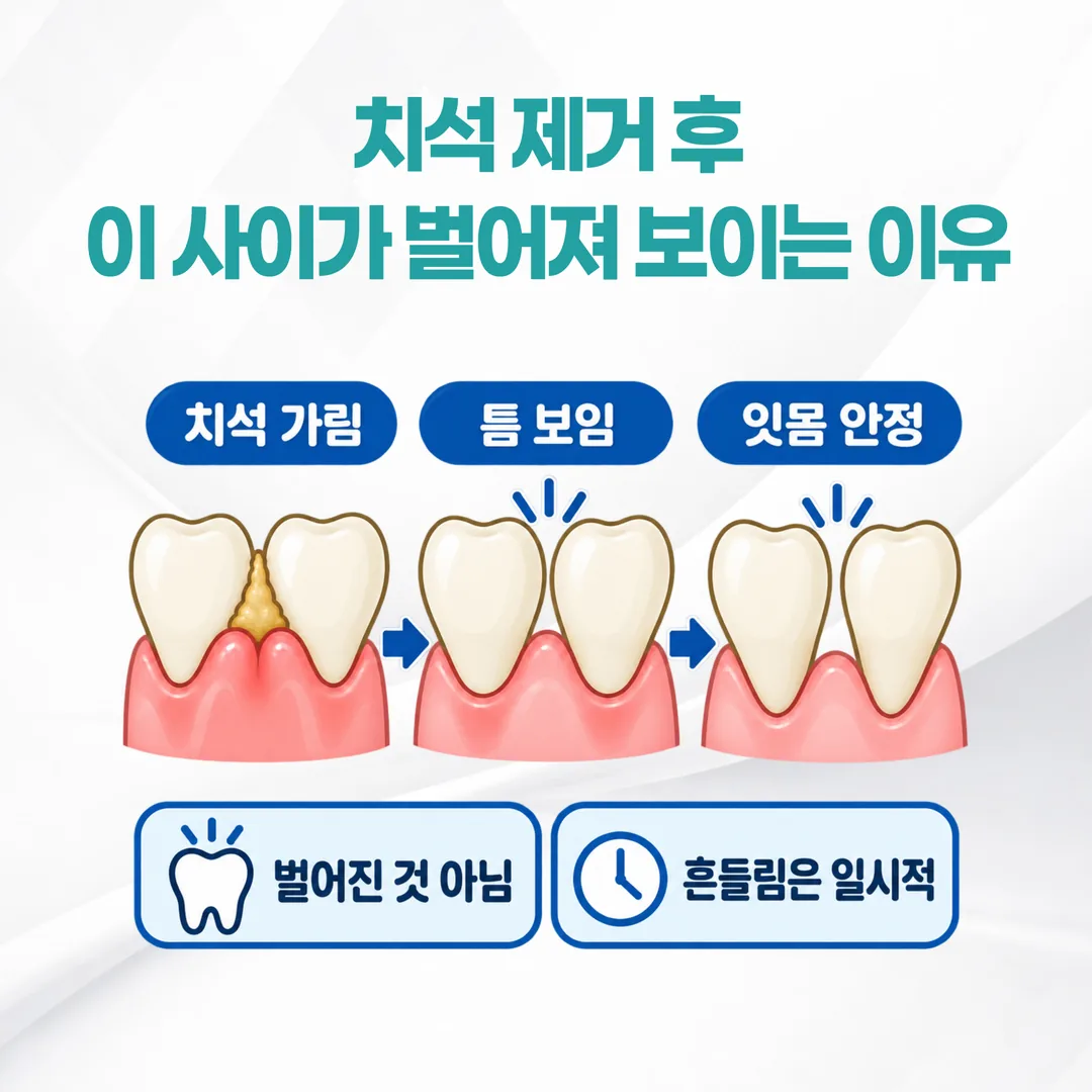 잇몸 부기가 가라앉으며 치아 사이 공간이 드러나 보이는 과정을 단계로 표시한 모식도