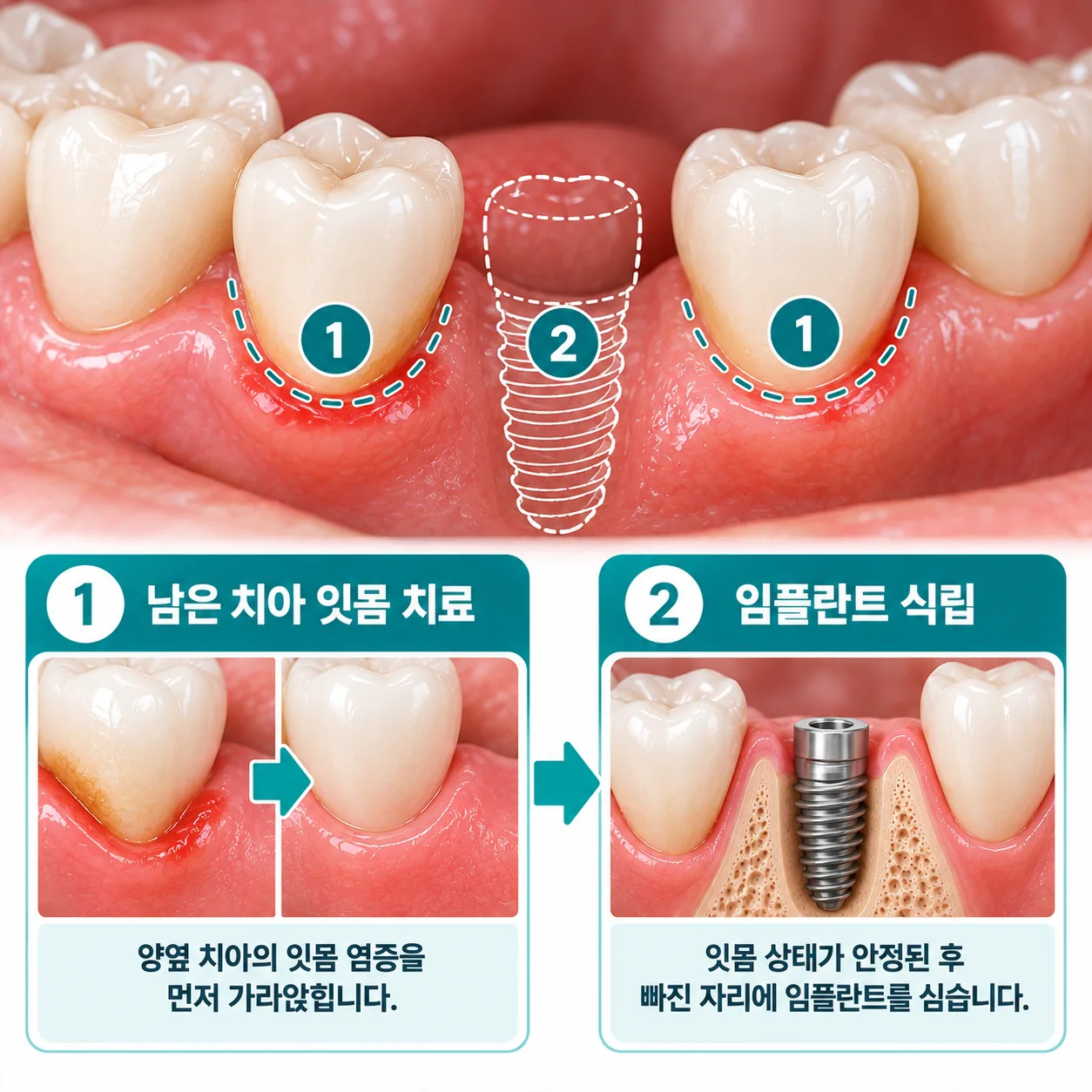 남은 치아 잇몸 염증을 가라앉힌 뒤 빠진 자리에 임플란트를 심는 순서 개념도
