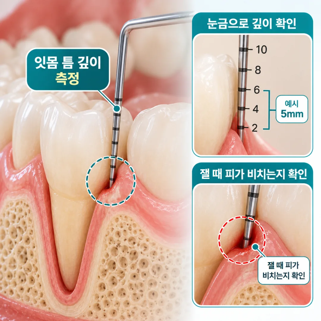 눈금 기구로 잇몸 틈 깊이와 잴 때 피가 비치는지를 살펴보는 방법 설명 그림