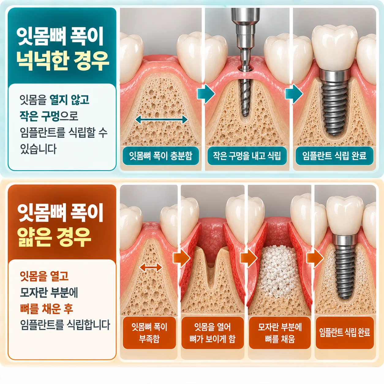잇몸뼈 폭에 따라 작은 구멍으로 심는 경우와 잇몸을 열고 뼈를 채운 뒤 심는 경우 개념도