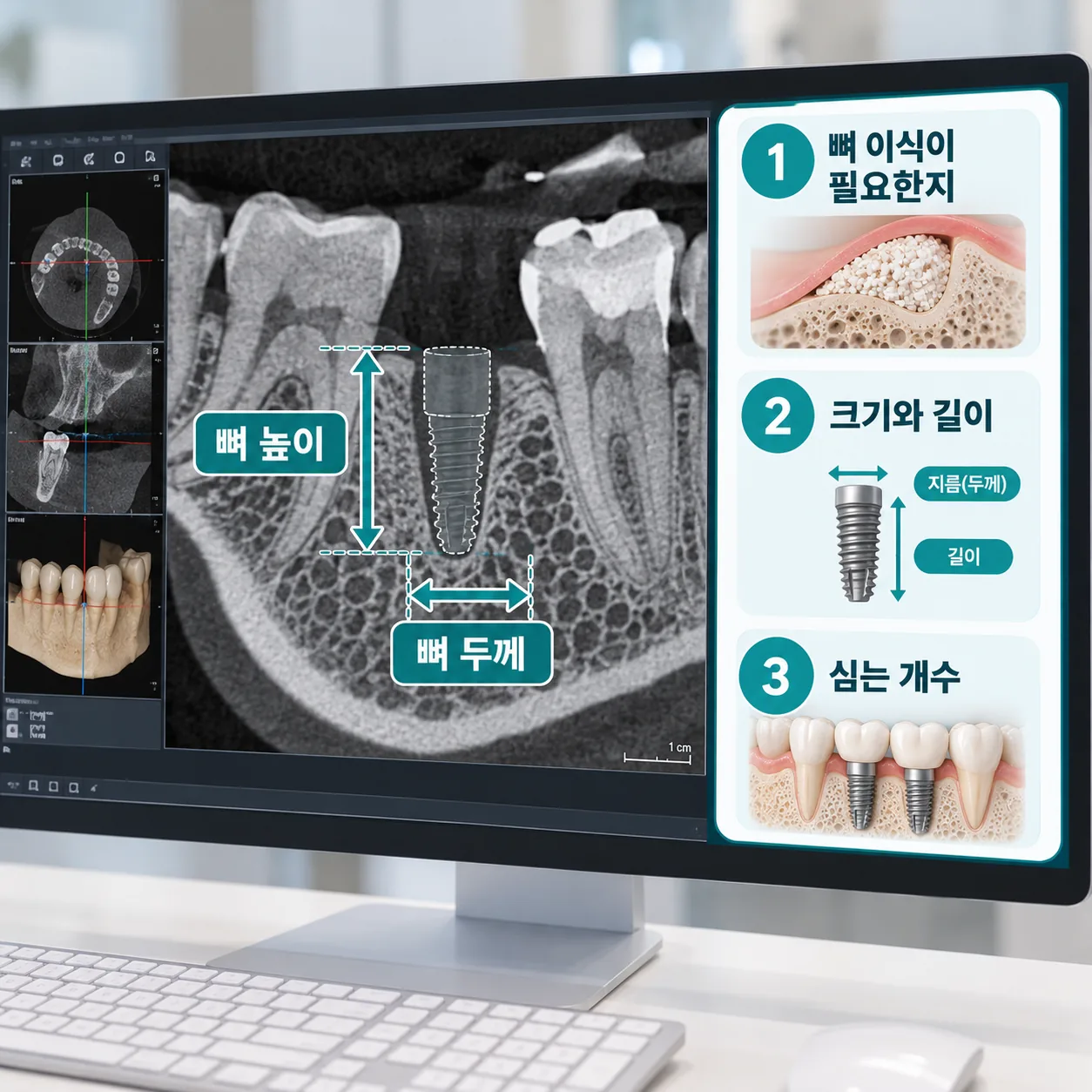 잇몸뼈 단면 영상에서 뼈 높이와 두께를 보며 임플란트 계획을 설명하는 상담 화면 개념도