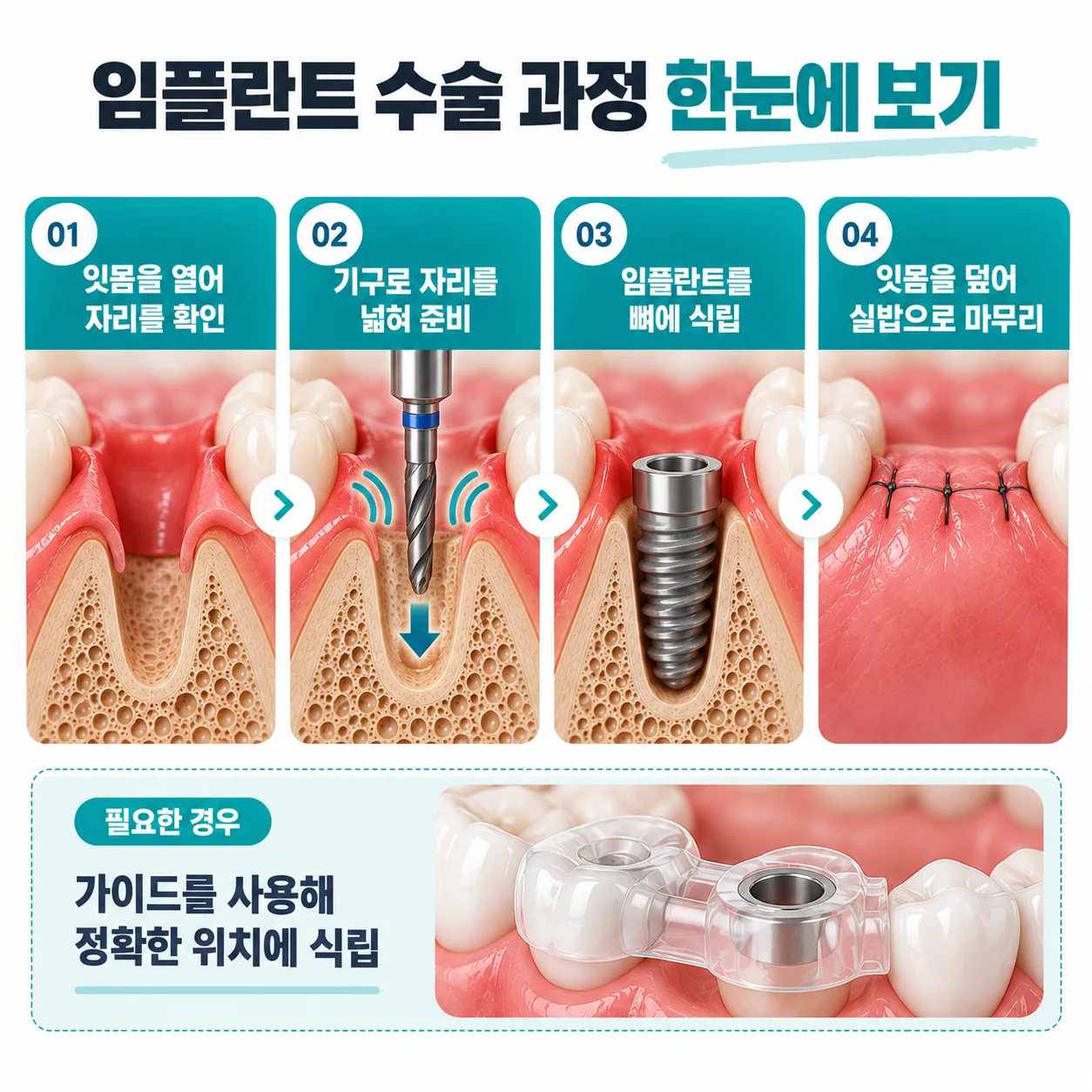임플란트 식립과 봉합 과정을 잇몸과 턱뼈 단면으로 보여 주는 네 단계 개념도