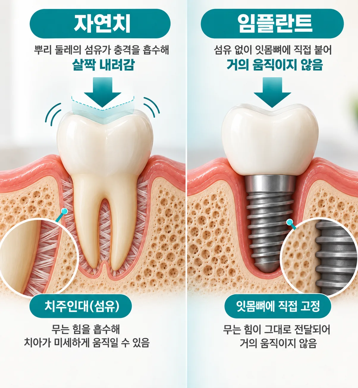 무는 힘을 받을 때 살짝 내려가는 자연치와 뼈에 곧장 붙은 임플란트의 차이를 보여 주는 단면 개념도