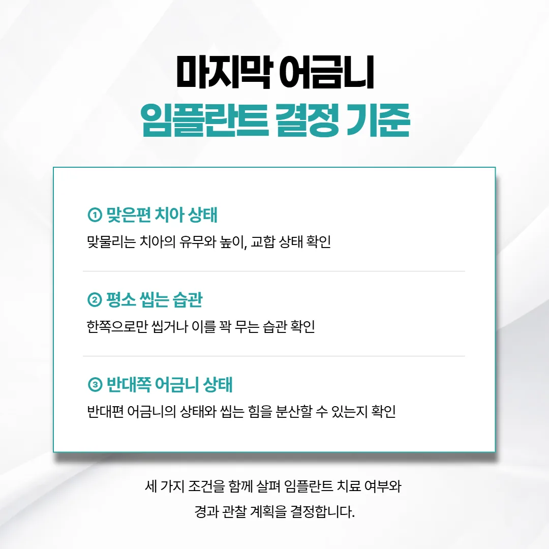 맨 뒤 어금니를 채울지 정할 때 함께 보는 맞은편 치아와 씹는 습관과 반대쪽 어금니 세 가지 기준 그림