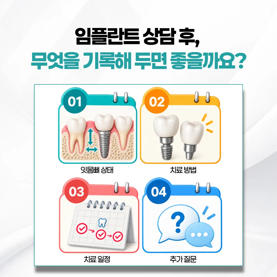 임플란트 상담에서 들은 계획과 다시 물을 질문을 적어 두는 네 칸 메모지